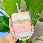 Pearl Chain Glass Cup Female High Beauty Household Water Cup Portable Breakfast Milk Cup Cute glass Straw Double Drinking coffee Cup best for gift way trader